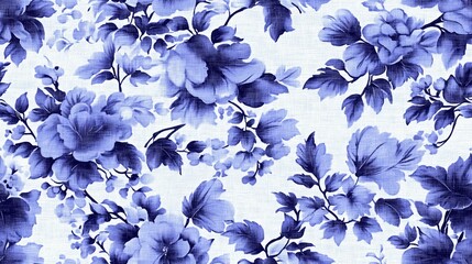 Elegant Blue Floral Blooms in Vintage Botanical Pattern Background