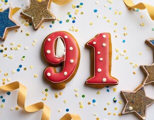 Decorated cookie, number 91, festive food for birthday or anniversary with confetti and white background