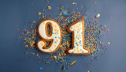 Decorated cookie, number 91, festive food for birthday or anniversary with confetti and colorful background