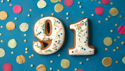 Decorated cookie, number 91, festive food for birthday or anniversary with confetti and colorful background