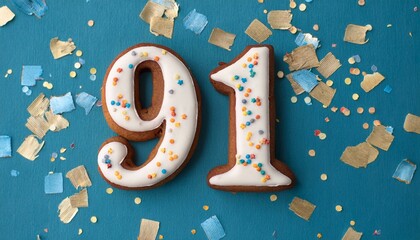 Decorated cookie, number 91, festive food for birthday or anniversary with confetti and colorful background