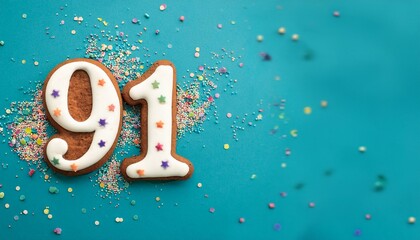 Decorated cookie, number 91, festive food for birthday or anniversary with confetti and colorful background