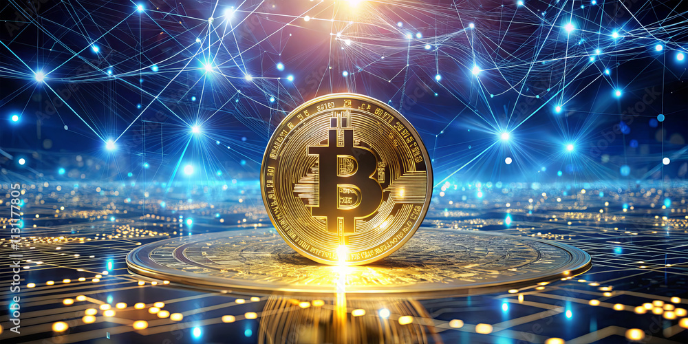 Aufkleber a shiny bitcoin stands out on a digital circuit board as glowing lines and connections illuminate th