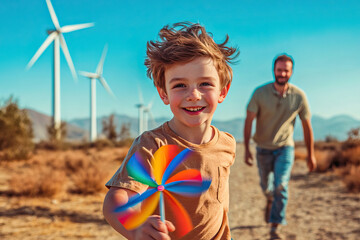 Boy playing with a windmill surrounded by wind turbines with his father behind