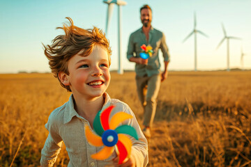 Boy playing with a windmill surrounded by wind turbines with his father behind
