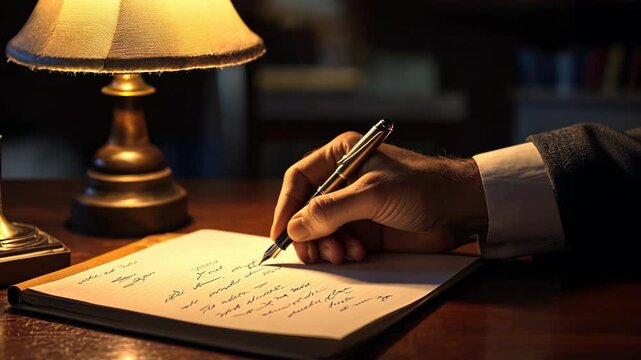 Hand gracefully writing on blank notebook under warm lamp. Cozy atmosphere. Elegant fountain pen. Creativity and inspiration. Old fashion prose book, poetry writer, poet. Retro vintage romantic letter