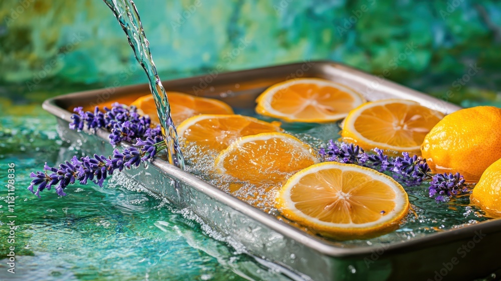 Poster Fresh lemons and lavender in water, creating a refreshing and vibrant scene.