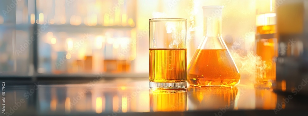 Poster a laboratory scene featuring a glass and a flask with orange liquid.