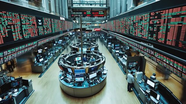 The Pulse of Finance: A captivating perspective into the bustling heart of a stock exchange, where numbers dance on screens and traders strategize amidst a sea of data.  