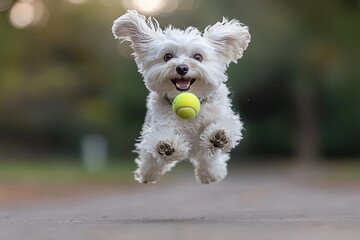 Lhasa Apso joyfully jumps mid air chasing tennis ball snout level. Morning glow enhances dog's long hair and lively expression simple lawn backdrop.