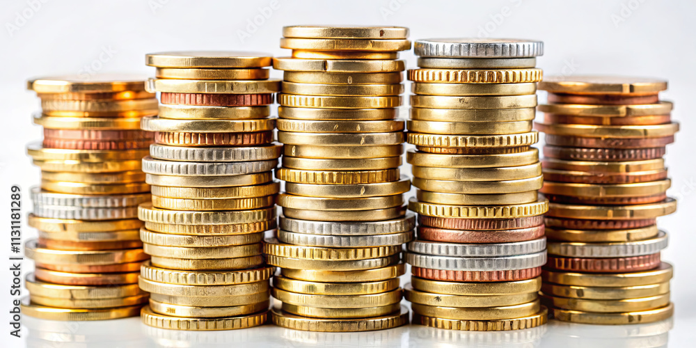 Poster various coins of multiple denominations are neatly stacked in rows, highlighting their gleaming surf