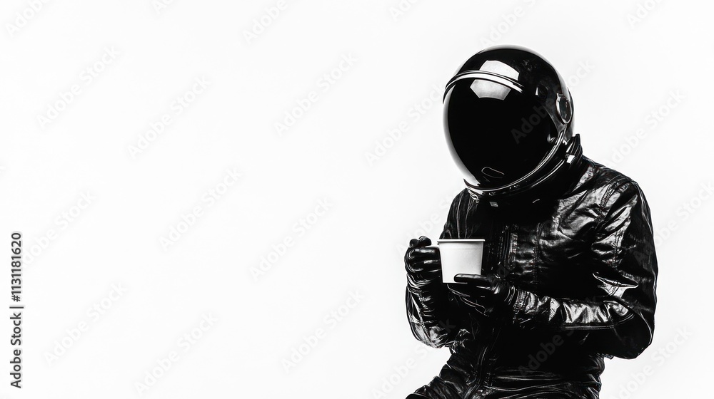 Poster a figure in a black spacesuit holds a cup, set against a stark white background.