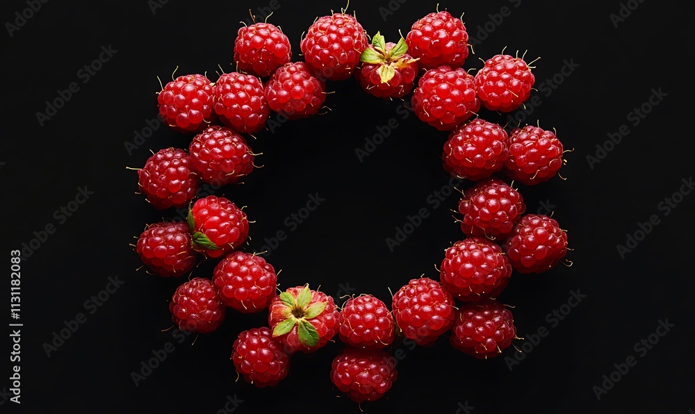 Poster raspberries arranged in a circular pattern on a black background
