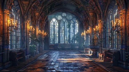 Fototapeta premium Majestic Gothic Cathedral Interior with Ornate Architecture Stained Glass Windows and Intricate Chandeliers Casting a Warm Glow A Stunning Historic Landmark Evoking Reverence and Awe
