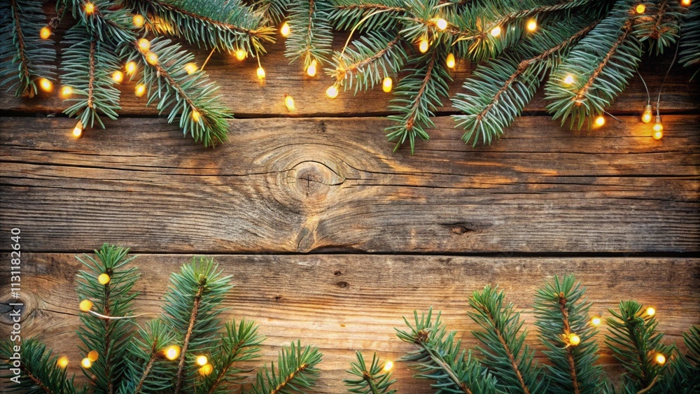 Poster rustic christmas border - fir branches and string light on old wooden plank with defocused abstract 