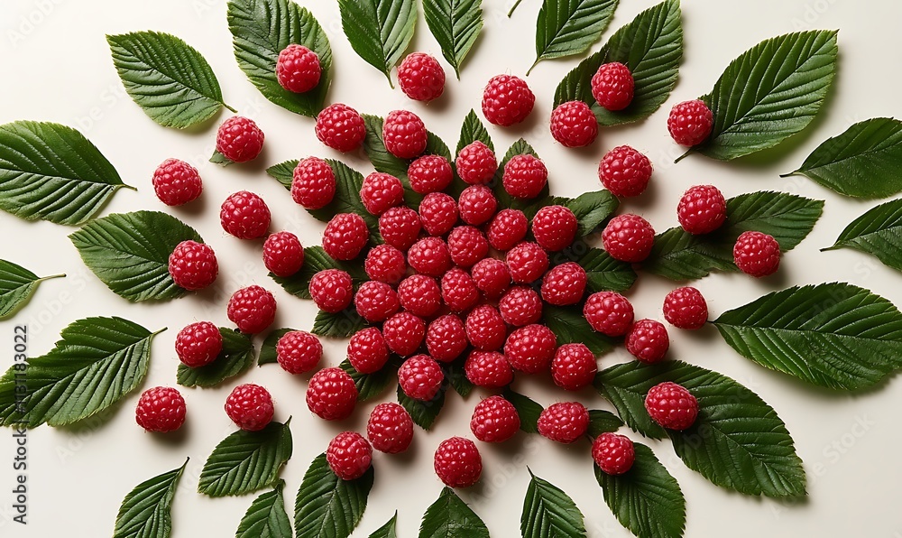 Poster raspberries arranged with leaves in a circular pattern
