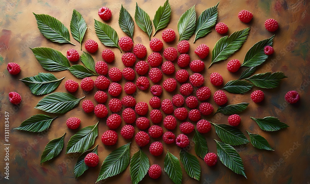 Poster raspberries arranged with leaves in a circular design