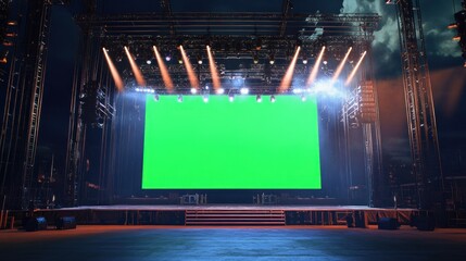 Obraz premium The huge concert stage towers over the sky, the green screen backdrop and the dazzling multi-colored light beams, background wallpaper AI generated image