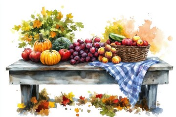 Naklejka premium Autumn Harvest Watercolor Painting of Fruits Vegetables on Rustic Wooden Table