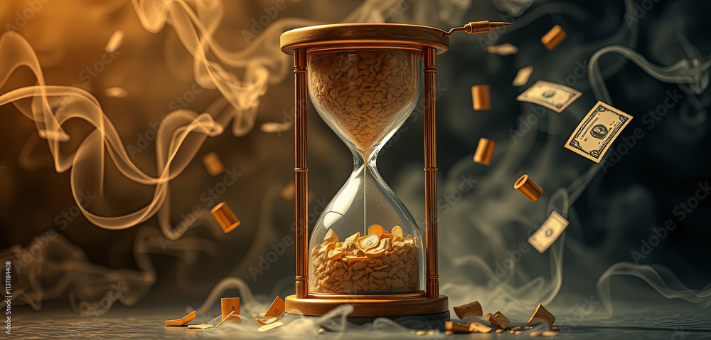 Poster an hourglass filled with coins rests at the center. surrounding it are floating dollar bills and sca