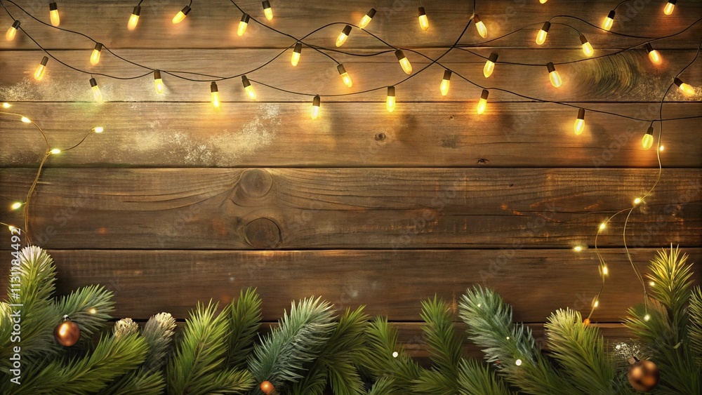 Poster rustic christmas border - fir branches and string light on old wooden plank with defocused abstract 