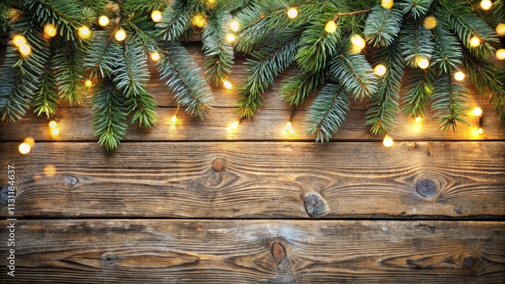 Poster rustic christmas border - fir branches and string light on old wooden plank with defocused abstract 