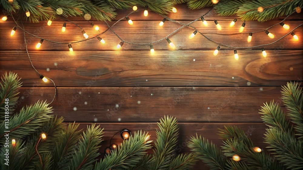 Poster rustic christmas border - fir branches and string light on old wooden plank with defocused abstract 