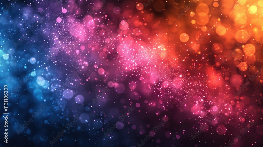 Poster abstract colorful bokeh background with glowing lights and particles.