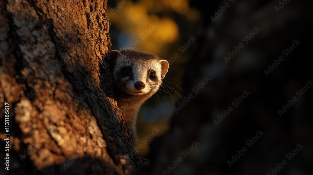 Poster a playful ferret peeks from behind a tree, illuminated by warm sunlight.