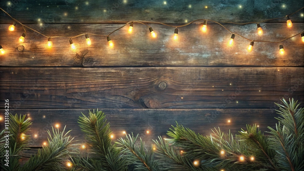 Poster rustic christmas border - fir branches and string light on old wooden plank with defocused abstract 