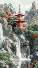 Fototapeta premium Magnificent Buddhist pagoda nestled amidst a breathtaking landscape of cascading waterfalls towering mountain peaks and lush vibrant foliage