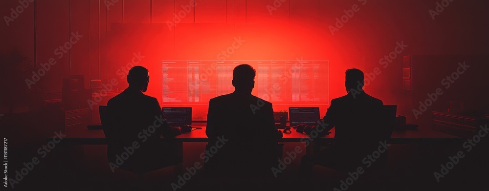 Poster silhouetted figures in suits working in a dimly lit, high-tech environment.