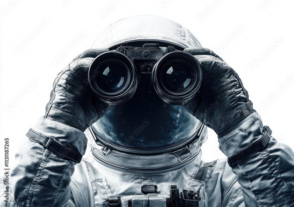 Poster an astronaut holding binoculars, gazing into space with a starry background.