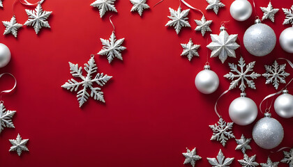 christmas silver snowflake and ornaments on red background. xmas winter holiday greeting card, backdrop, banner, wallpaper. elegant luxury. december new year design