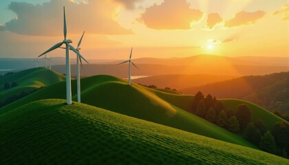 Obraz premium Wind turbines on rolling green hills under a warm sunset sky, showcasing renewable energy and environmental consciousness.