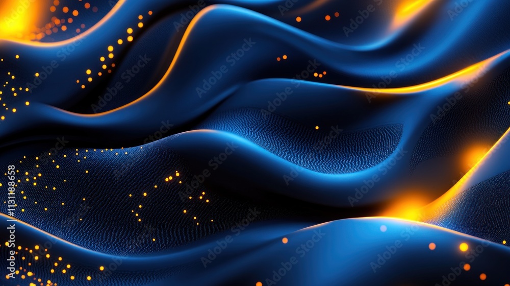 Poster A dynamic abstract representation of flowing waves with glowing elements.