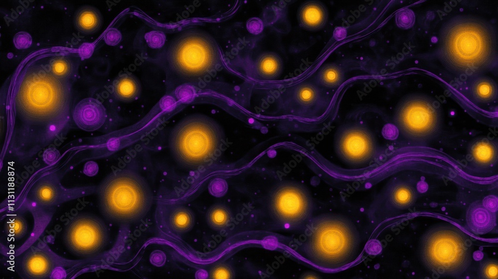 Poster abstract representation of glowing particles in a dark, wavy background.
