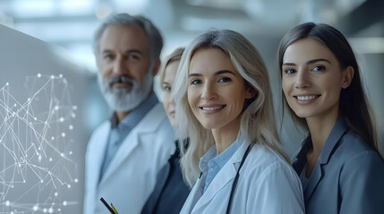 Fototapeta premium Healthcare Team Brainstorming Cost Saving Ideas on Whiteboard with Abstract Background and Copy Space