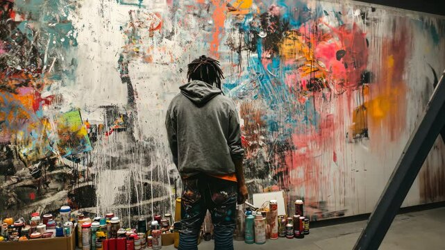 Creative artist draw abstract mural. Mix of colors textures. Paint cans, creativity in action. Self-expression. Street art, textured wall. Urban artwork, city culture. Cool stylish Graffiti.