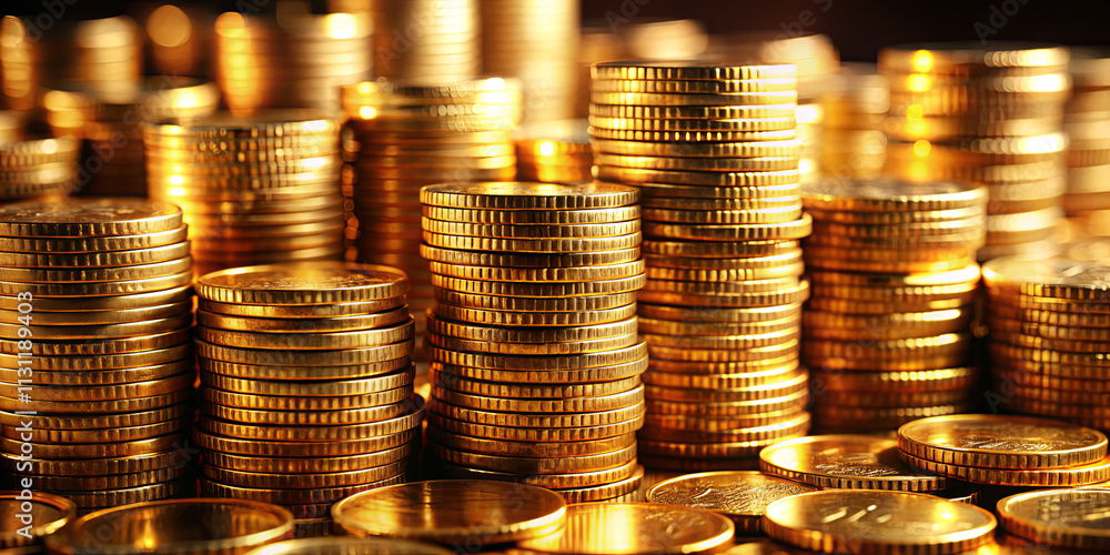 Poster close-up view of numerous stacks of shiny gold coins reflecting light, creating an impression of abu
