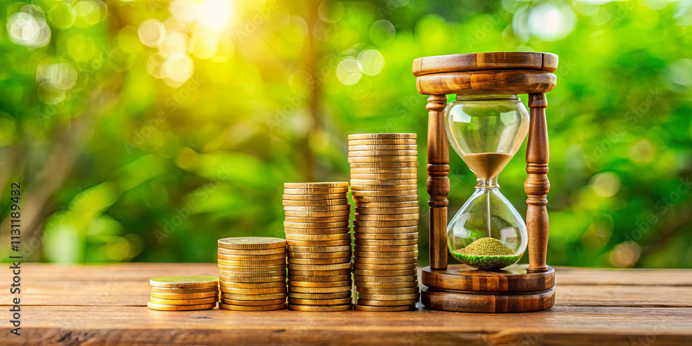 Poster stacks of coins are arranged beside an hourglass, representing the connection between time and money
