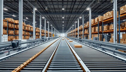 Fototapeta premium Modern Warehouse Interior Automated Conveyor System Pallet Racking