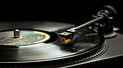 Close-up of turntable needle on vinyl record.
