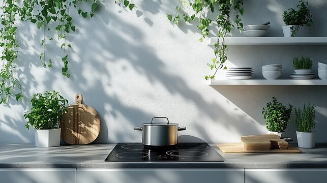 Modern kitchen with induction stove and green indoor plants in sunlit space