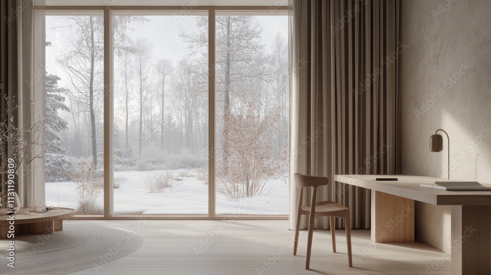 Aufkleber a serene winter scene viewed from a minimalistic workspace with natural light.
