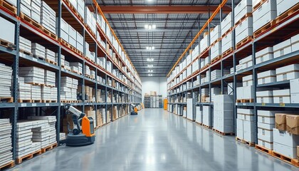 Obraz premium Modern Warehouse Interior with Automated Robots High Shelves and Cargo Boxes