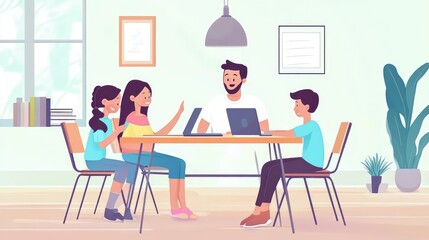Family Home Online Learning: Parents and Kids Using Laptops Together