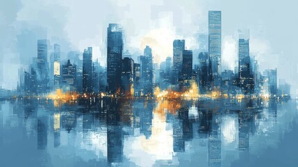 Fototapeta premium Abstract urban skyline with reflections at dusk