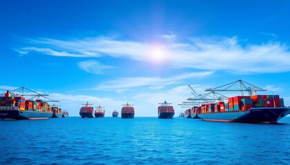 Fototapeta premium Global Trade Container Ships at Sea Sunny Day