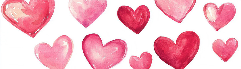 Valentine Love Watercolor. A colorful array of hearts in various shades of red and pink, symbolizing love and affection, set against a white background.